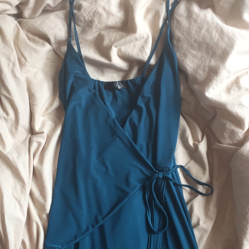 Teal, slinky Wrap-Dress with spaghetti straps
